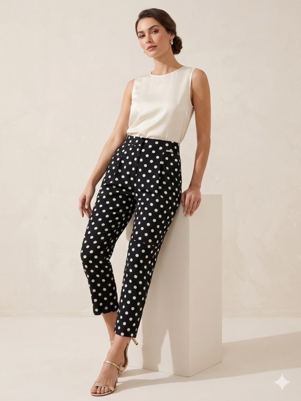 High-Waist Black Polka Dot Cropped Pants